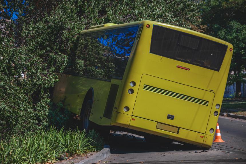 A yellow bus crashed into greenery after an accident on a roadway.